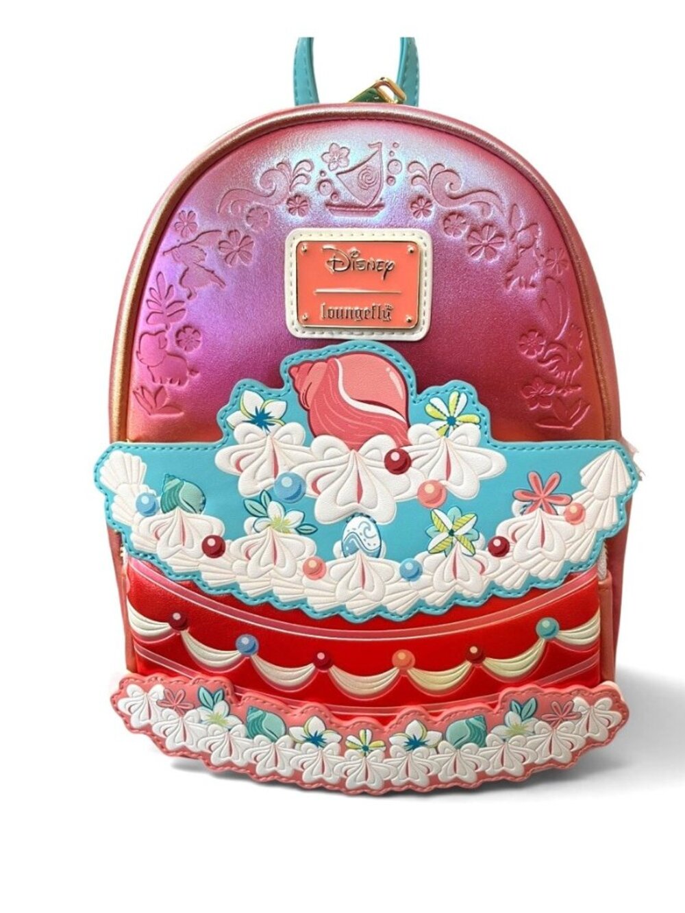 Loungefly Disney Moana Cake Mini Backpack Iridescent Orange Shell Hawaii NWT